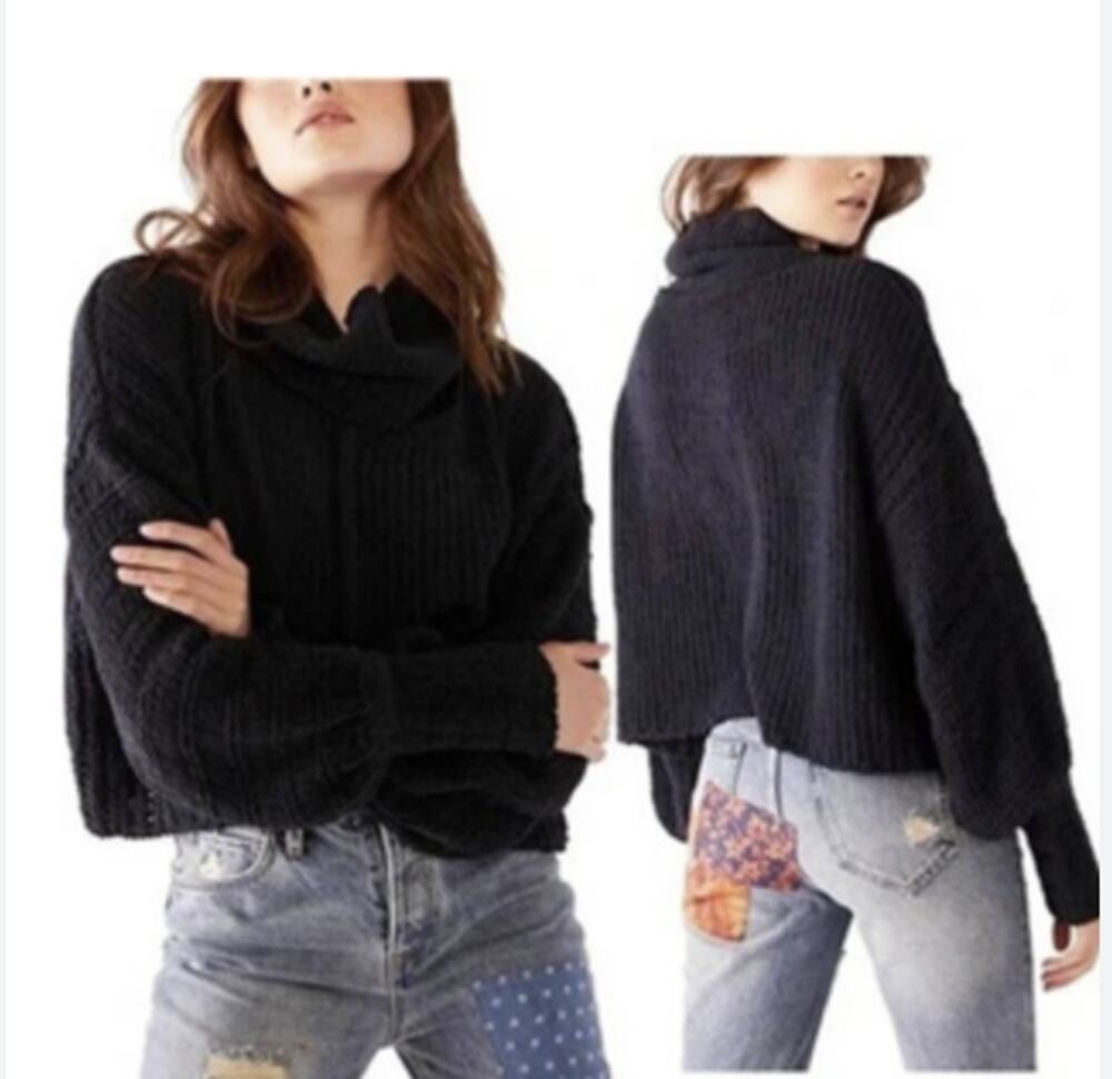 Free People Black Knit Be Yours Cowl Neck Sweater Size Large